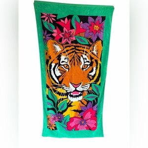 Vintage y2k Vibrant Tiger & Floral Beach Towel in Teal Orange Pink Vacation NWT